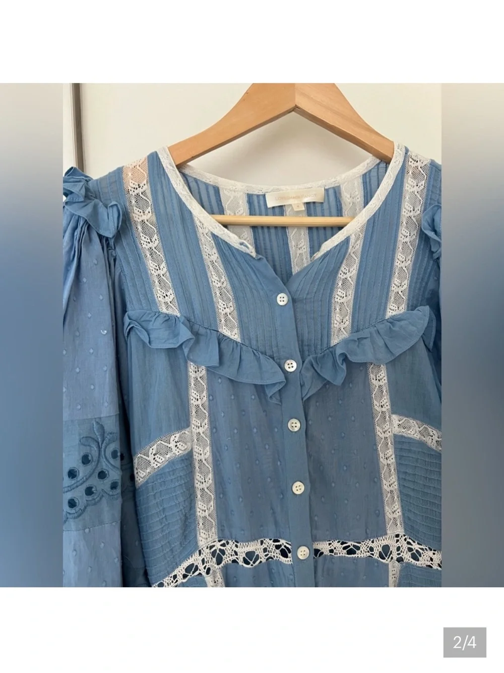 LoveShackFancy Blue Eyelet Lace-Trim Midi Dress - Picture 2 of 4